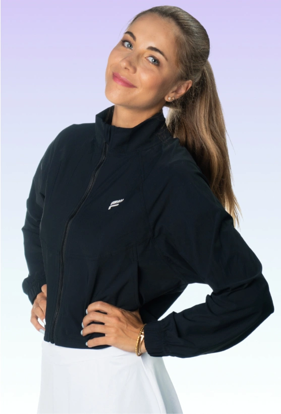 Black Amalfi Cropped Jacket, 4-way Stretch Fabric, Active Zip-Up Athletic Style, Elasticized Cuffs, Side Pockets, Quick-Drying, Flow Cropped Jacket