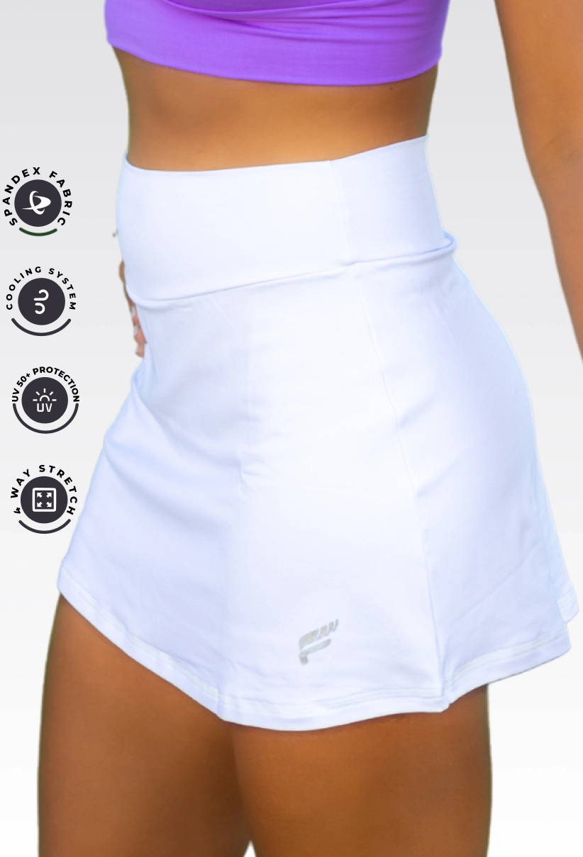 White Maui Skirt, UV 80 Extra Sun Protection, Tennis Skirt, Anti-Heat Cooling Comfort Fabric, 4-Way Stretch, Anti-Pilling, Flow Beach Tennis Skirt