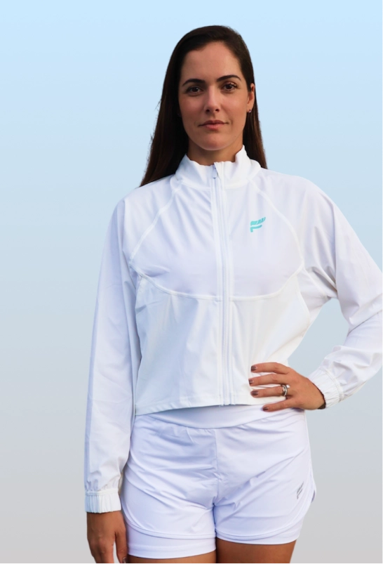 White Amalfi Cropped Jacket, 4-way Stretch Fabric, Active Zip-Up Athletic Style, Elasticized Cuffs, Side Pockets, Quick-Drying, Flow Cropped Jacket